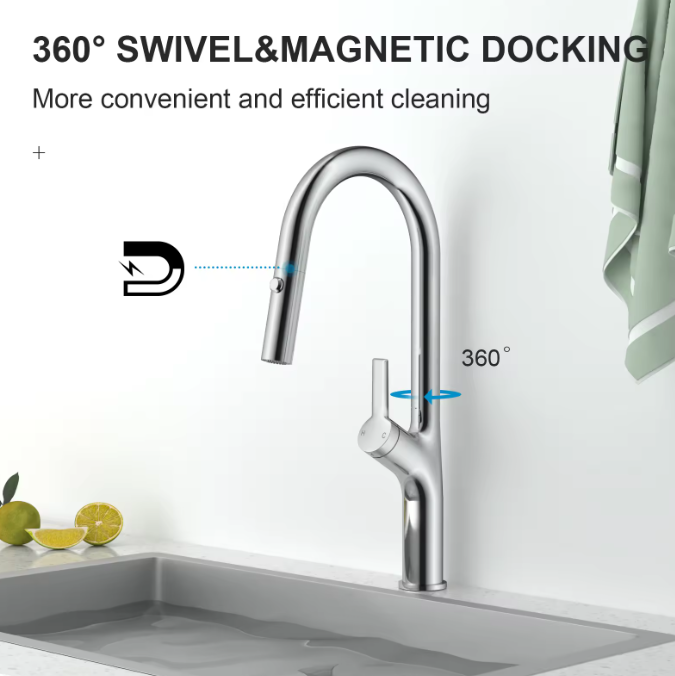 Modern Stainless Stee Kitchen Faucet with Pull-Out Mixer Tap Silver Chrome Matte Black