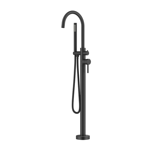 Freestanding Black Bathtub Faucet with Round Spout and Handheld Shower Head